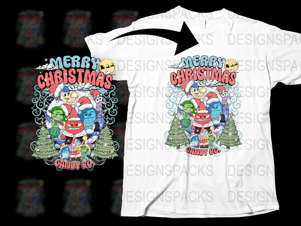Merry Christmas T-Shirt, Festive Holiday Cartoon Characters, Colorful Candy Graphics, Unisex Cotton Tee