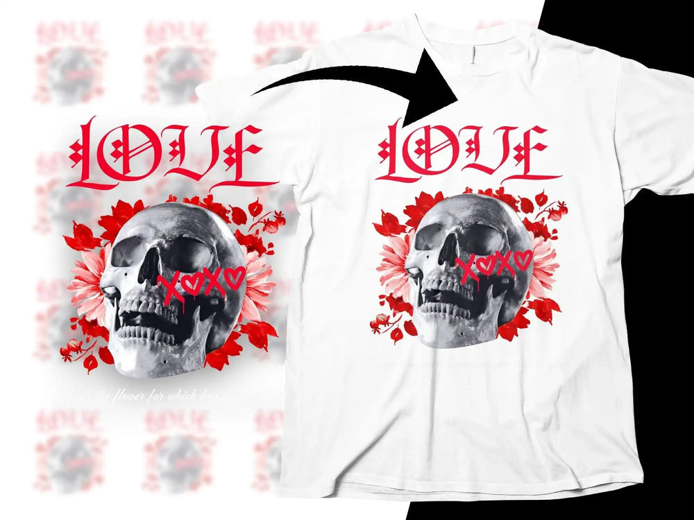 White t-shirt with red 'LOVE' text, skull, and floral design for DTF/DTG printing