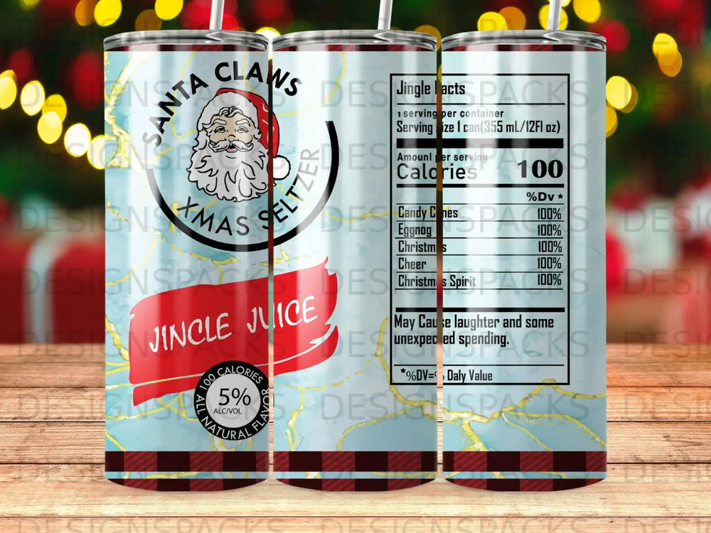 "Claws Xmas Seltzer" tumbler with festive graphics and nutritional information.