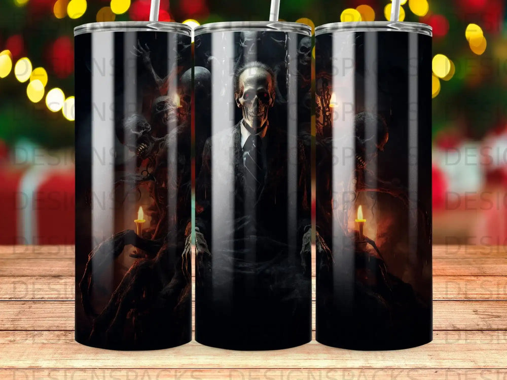 Scary skeleton man in a suit with candles on a dark background.