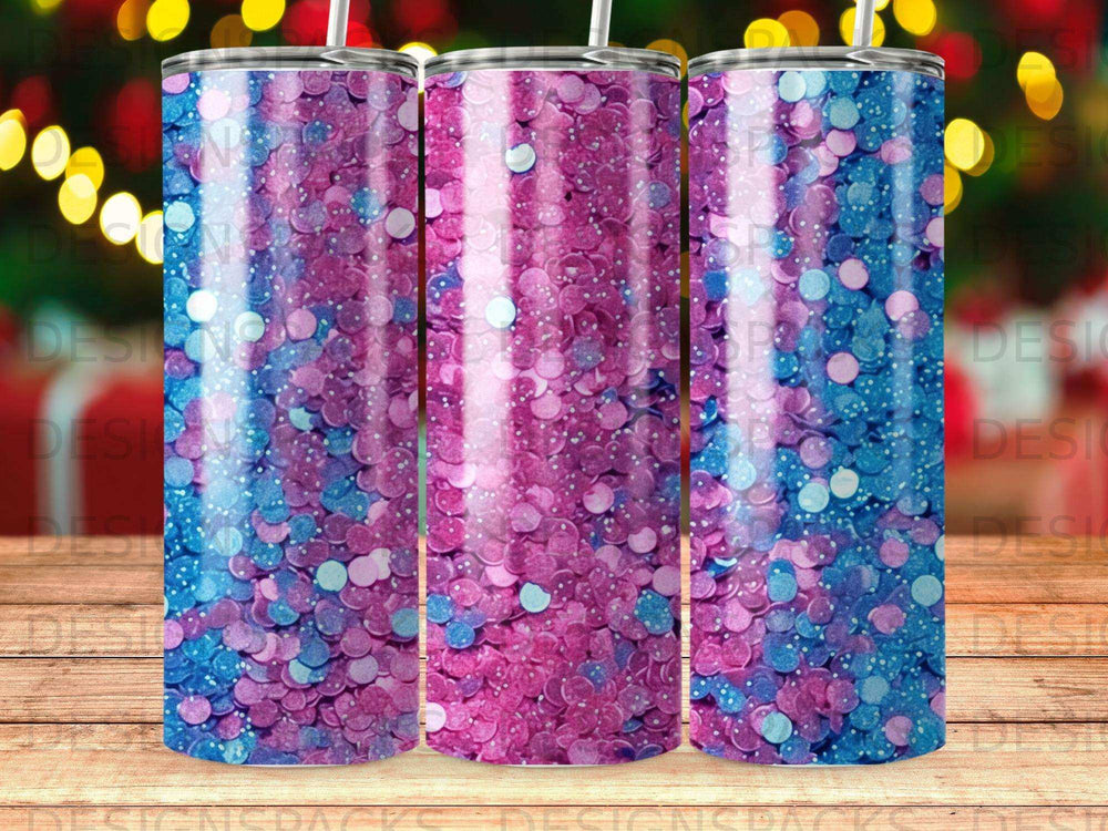 Three tumblers with a glittery pink and blue ombre design.