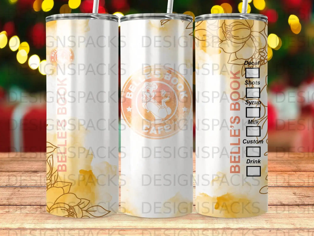 Tall tumbler with "Belle's Book" and drink recipe labels.