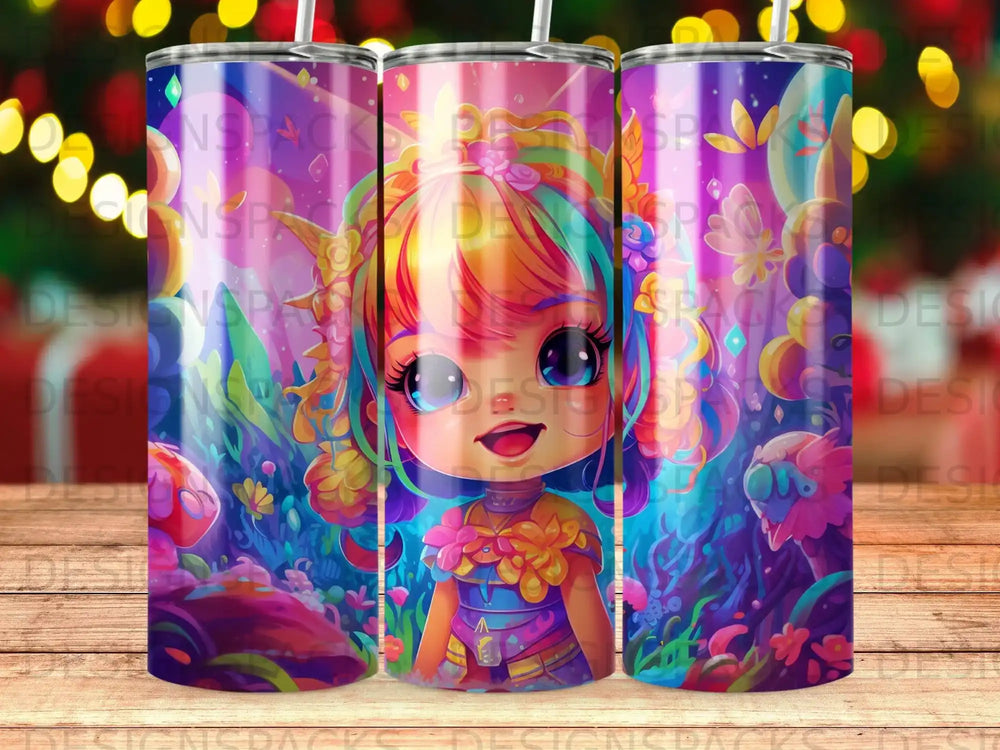 Cute cartoon girl with colorful hair surrounded by fantasy forest and glowing orbs.
