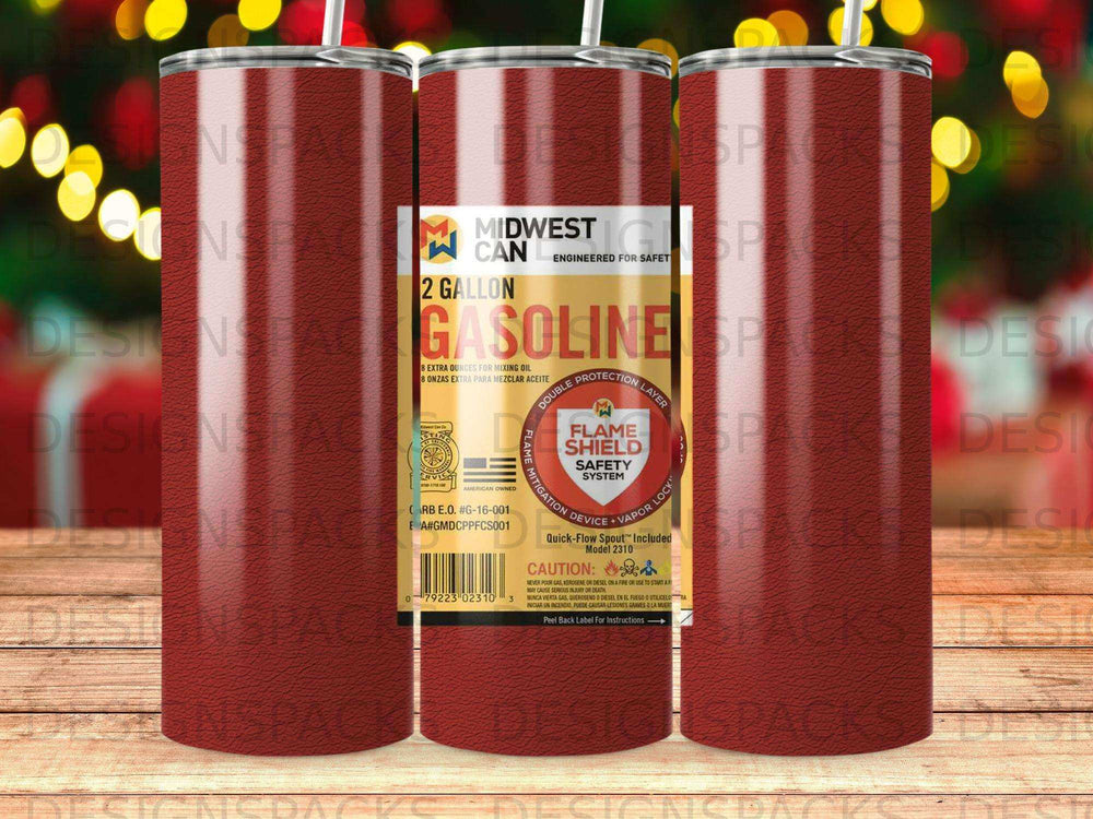 Red gasoline can with Flame Shield Safety System, Quick-Flow Spout, and "Midwest" branding.