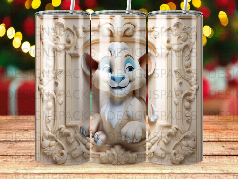 Lion king character tumbler with decorative embossed border.