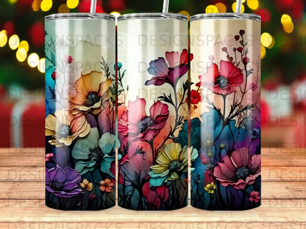 Floral pattern tumbler with colorful poppies and wildflowers.