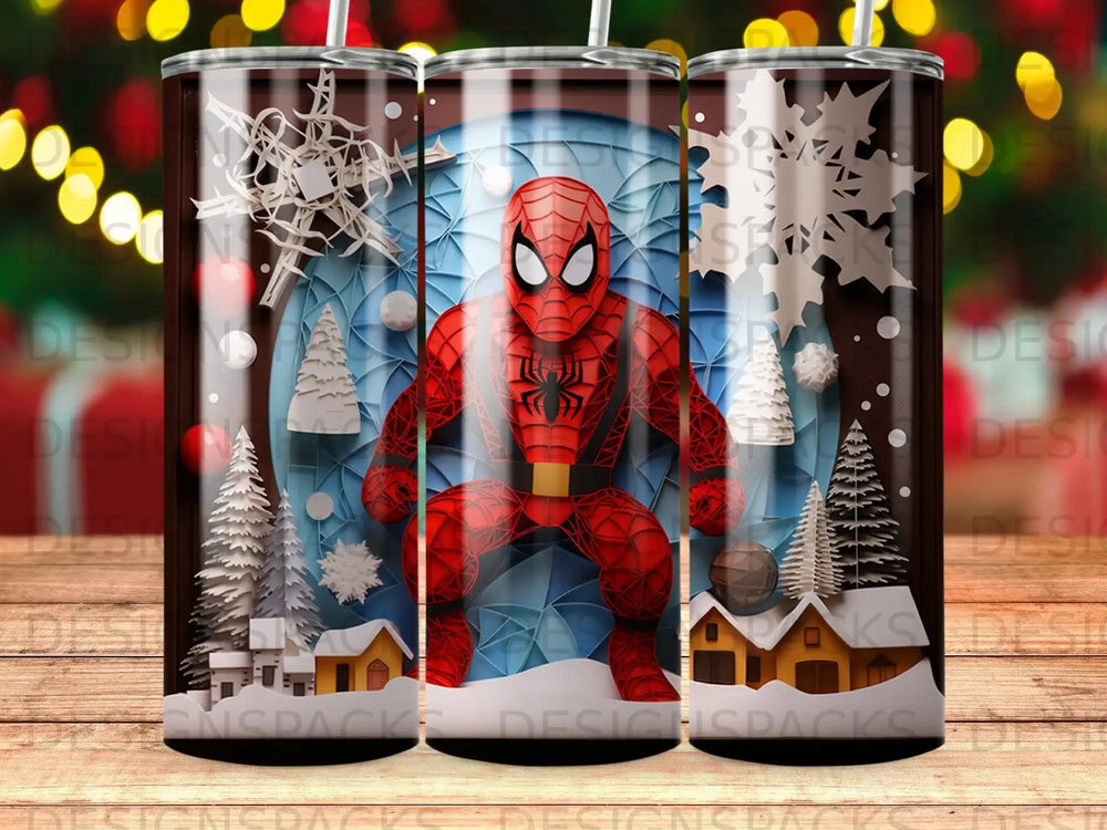 Spiderman in winter scene with snow and houses.