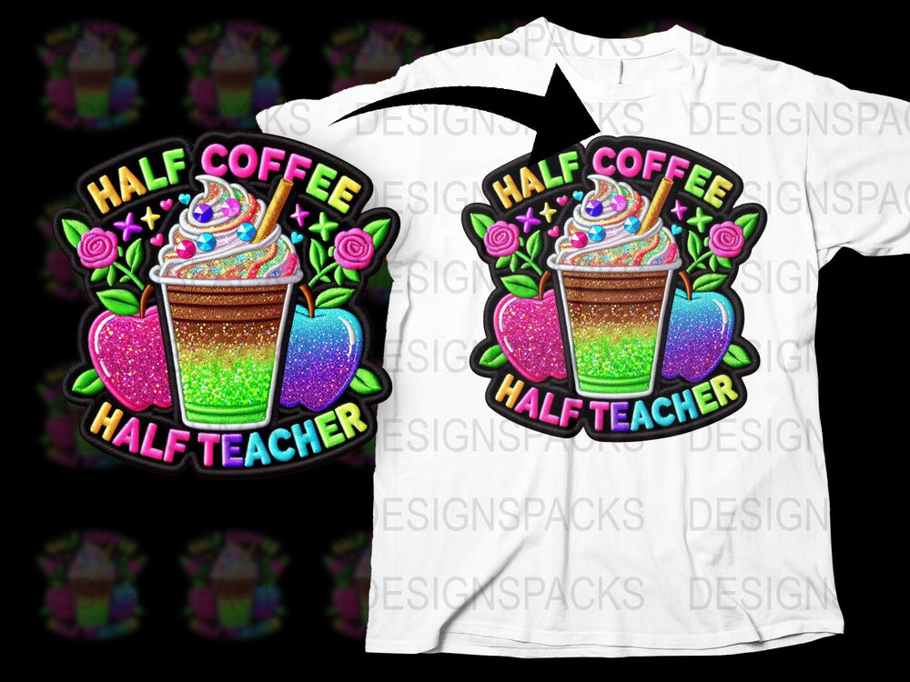 Half Coffee Half Teacher T-Shirt, Colorful Graphic Tee, Teacher Appreciation Gift, Glitter Cup Design, Floral Shirt for Educators