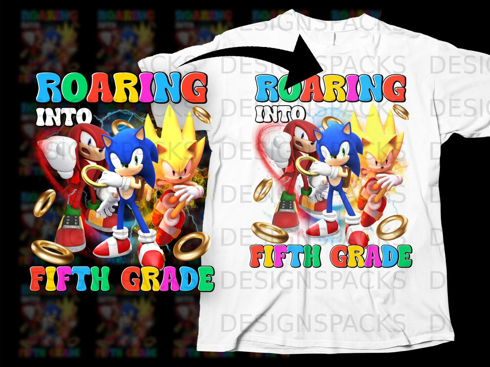 Sonic and friends "Roaring into Fifth Grade" on a white t-shirt.