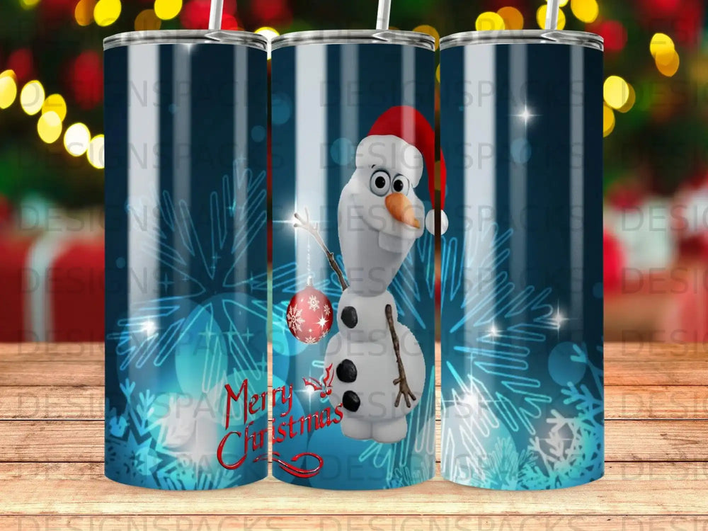 Olaf from Frozen holding a red ornament on a blue, snowflake-covered tumbler.