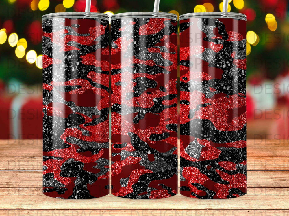 Red and black camouflage glitter tumbler with a straw.