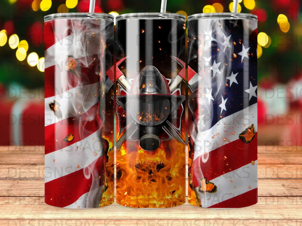 Firefighter helmet with crossed axes over American flag and flames.