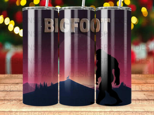 Silhouette of Bigfoot in a forest at dusk, with 