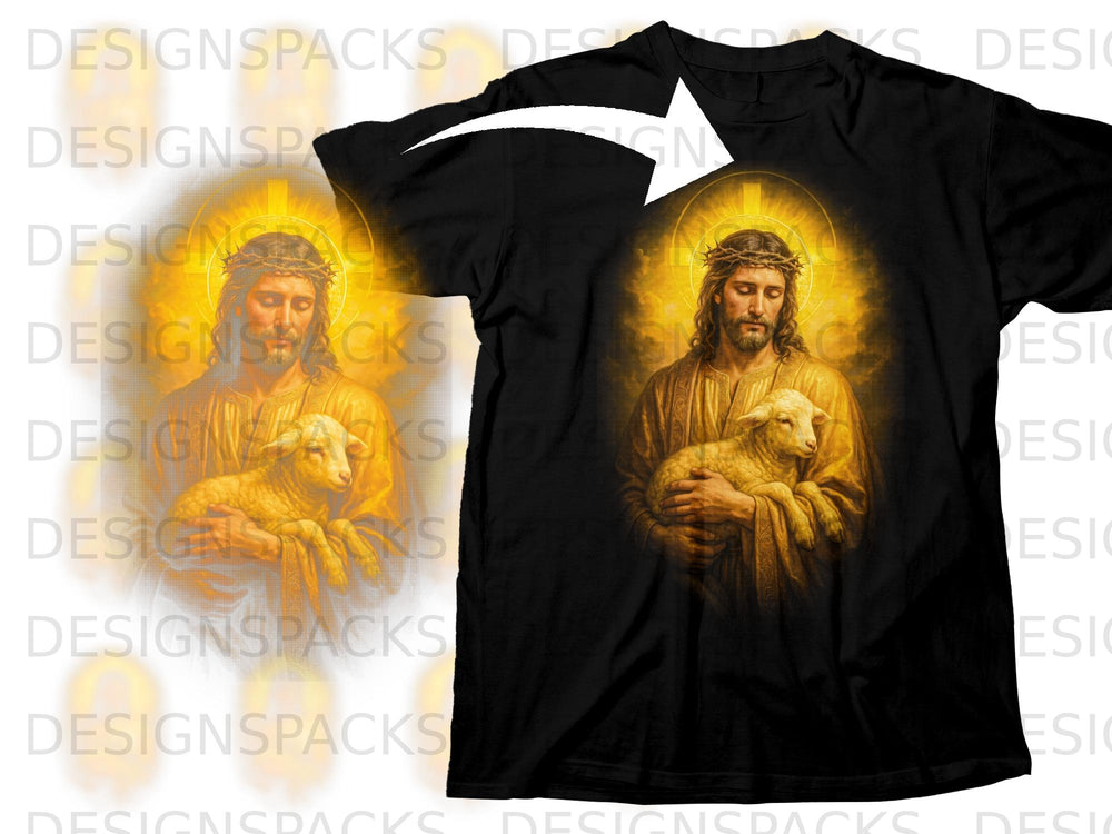 Jesus wearing a crown of thorns holds a lamb, with a golden halo.