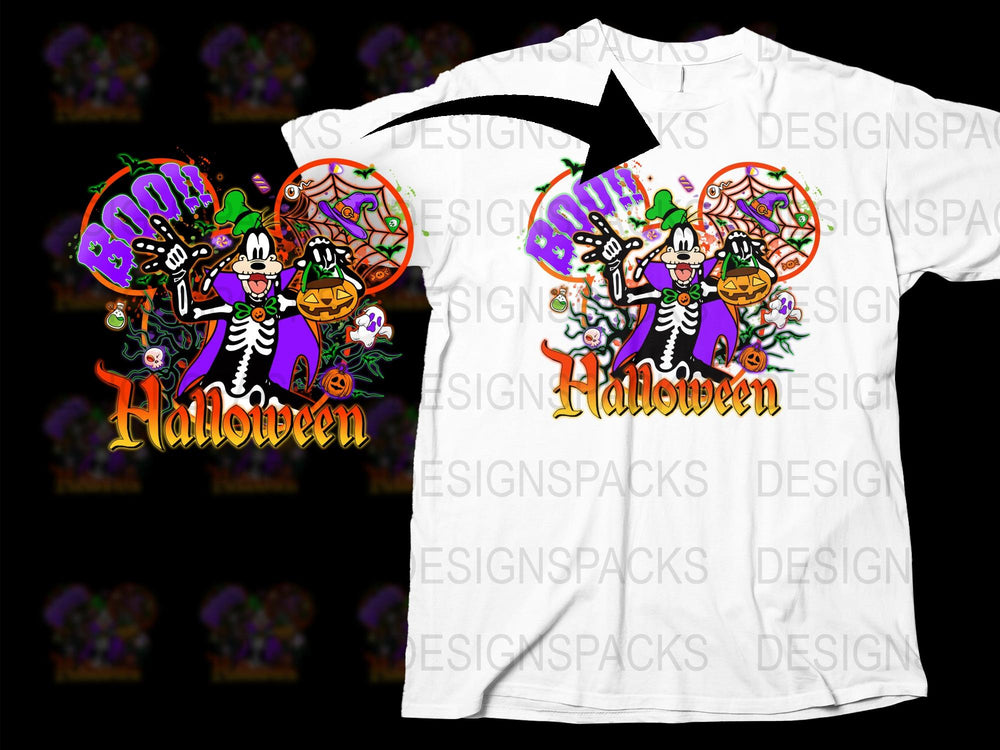 Halloween Themed T-Shirt, Spooky Cartoon Characters, Ghosts, Pumpkins, Fun Holiday Apparel