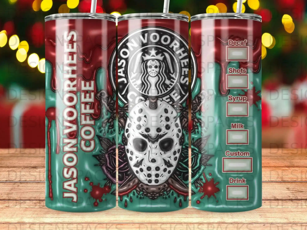 Jason Voorhees coffee tumbler with menu items: Decaf, Shots, Syrup, Custom, Drink.