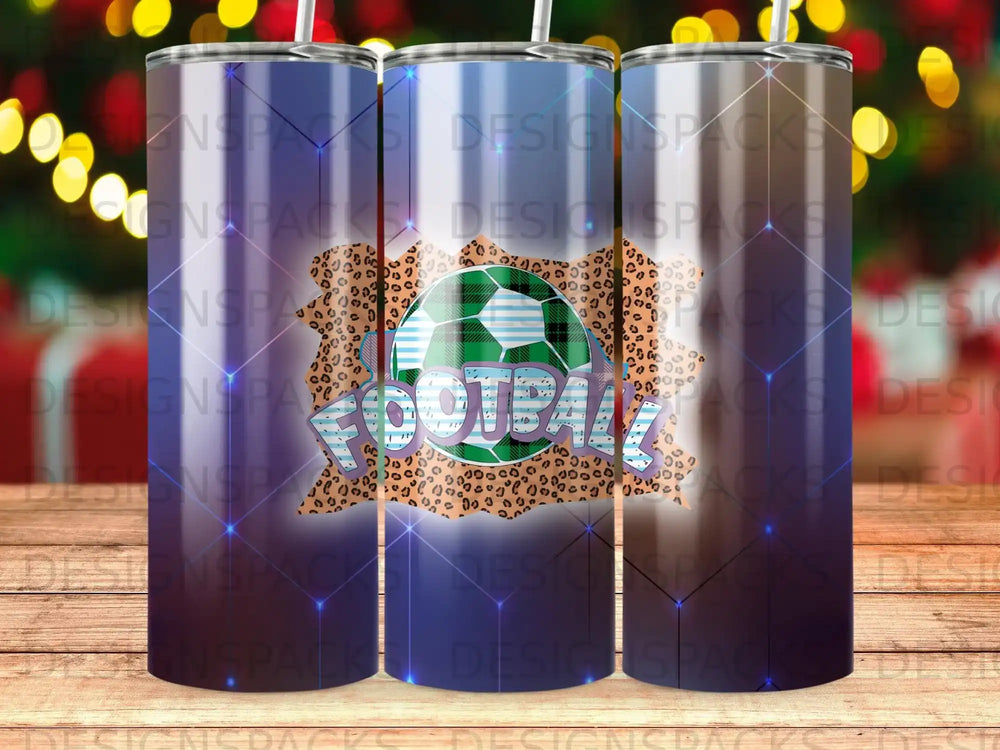 Soccer ball with "FOOTBALL" text on leopard print background, on three tumblers.