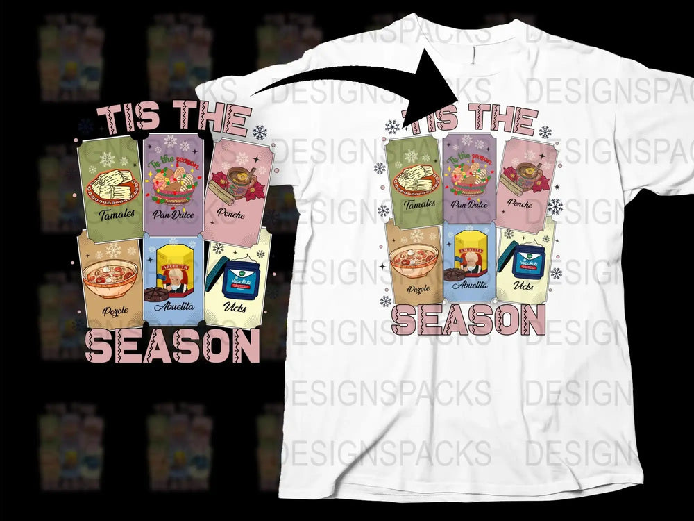Tis The Season Festive Foods Graphic T-Shirt, Colorful Holiday Food Prints, Unisex Casual Tee