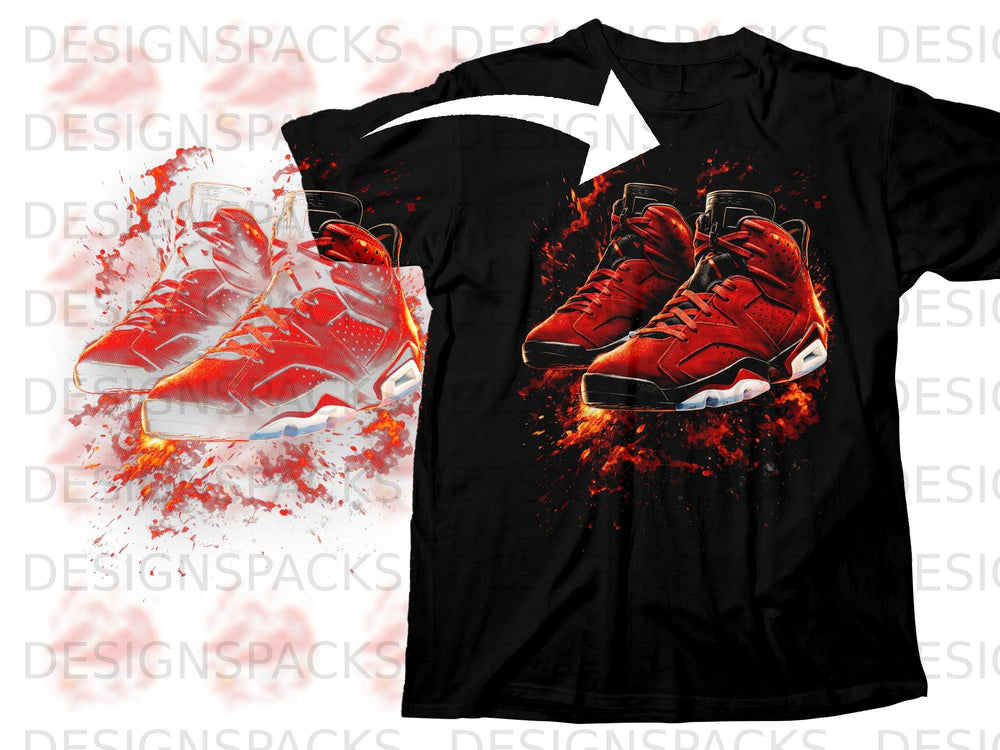 Black t-shirt with a graphic of red sneakers surrounded by fire.