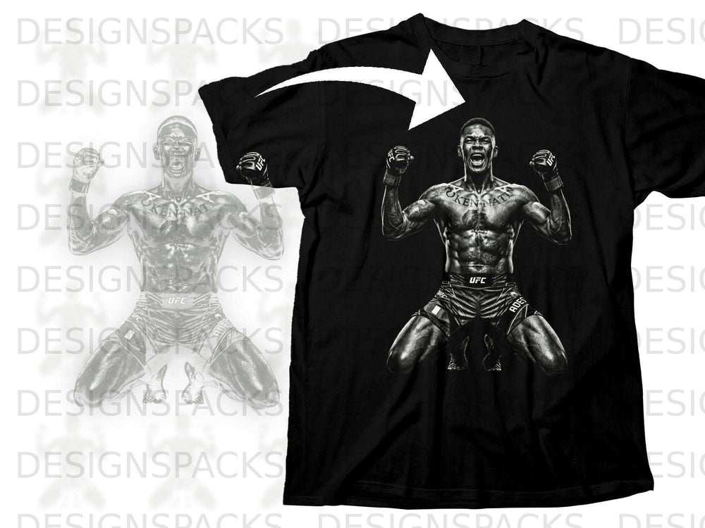 Black t-shirt with graphic of a fighter in fighting stance.