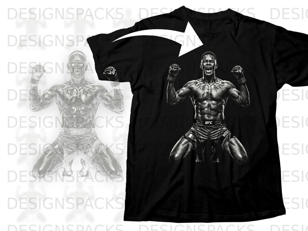 Black t-shirt with graphic of a fighter in fighting stance.