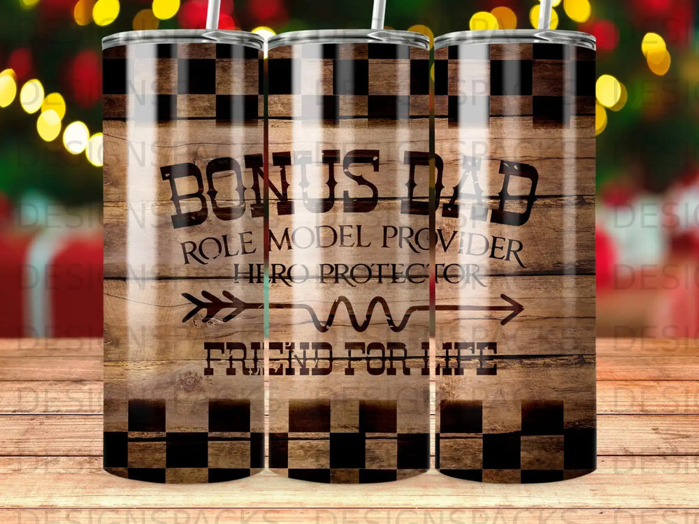"Bonus Dad" text on a tumbler with a wood grain and checkered pattern.