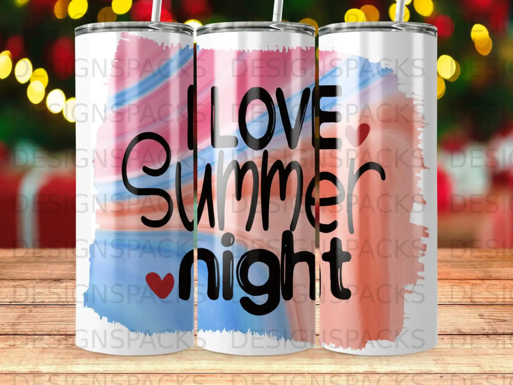 I LOVE Summer night tumbler with red and blue watercolor background.