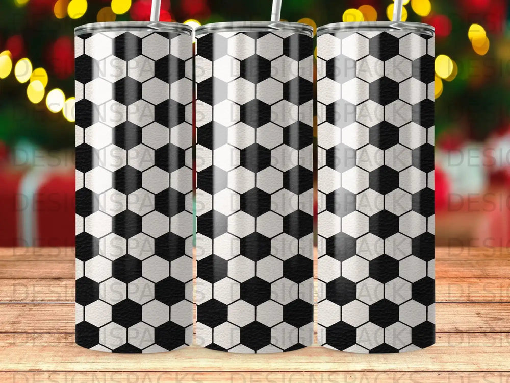 Three tumblers with a repeating black and white hexagonal soccer ball pattern.