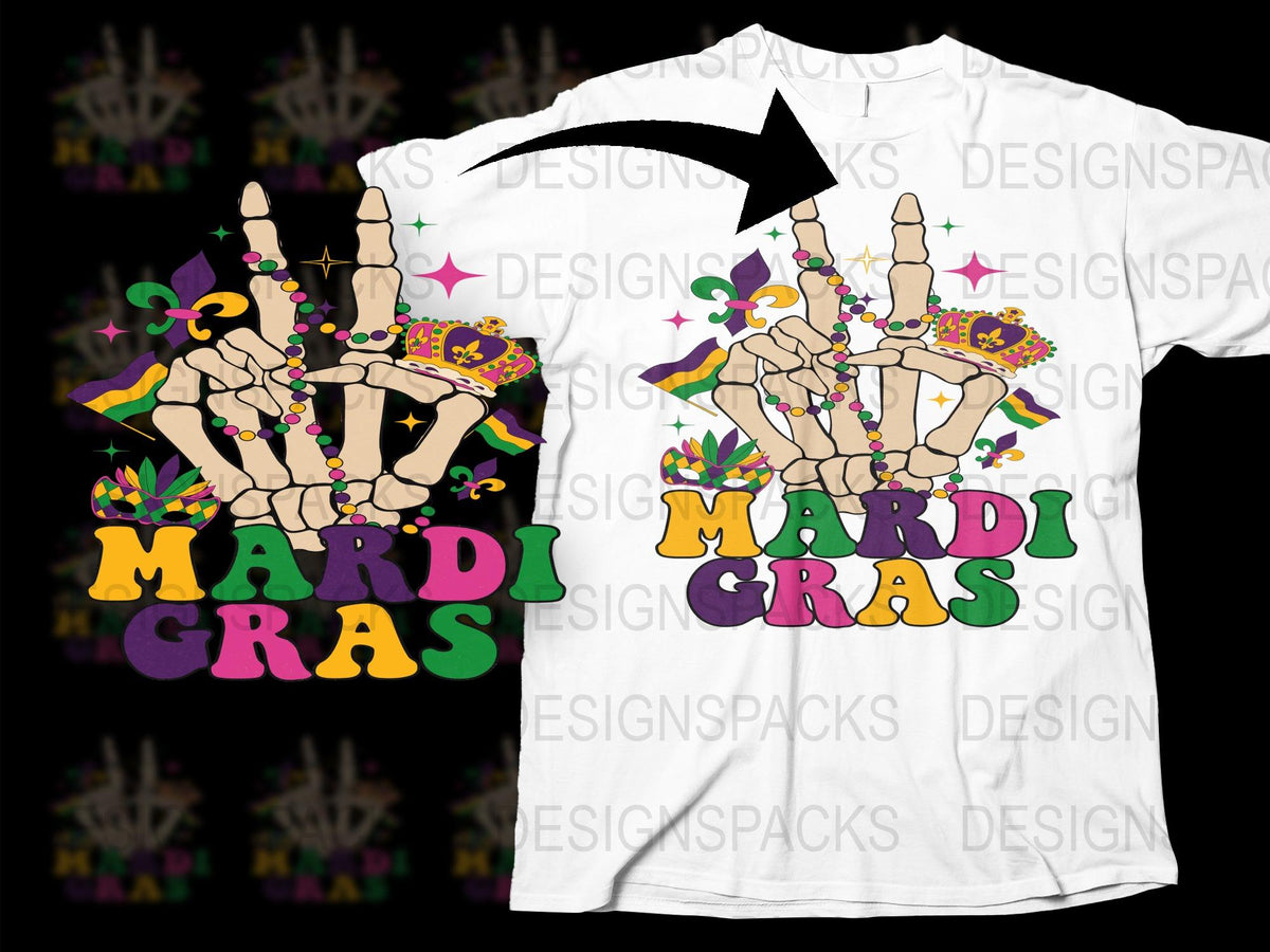 Mardi Gras Skeleton Hand T-Shirt, Colorful Beads, Festival Apparel, New Orleans Party Clothing, Unisex Graphic Tee