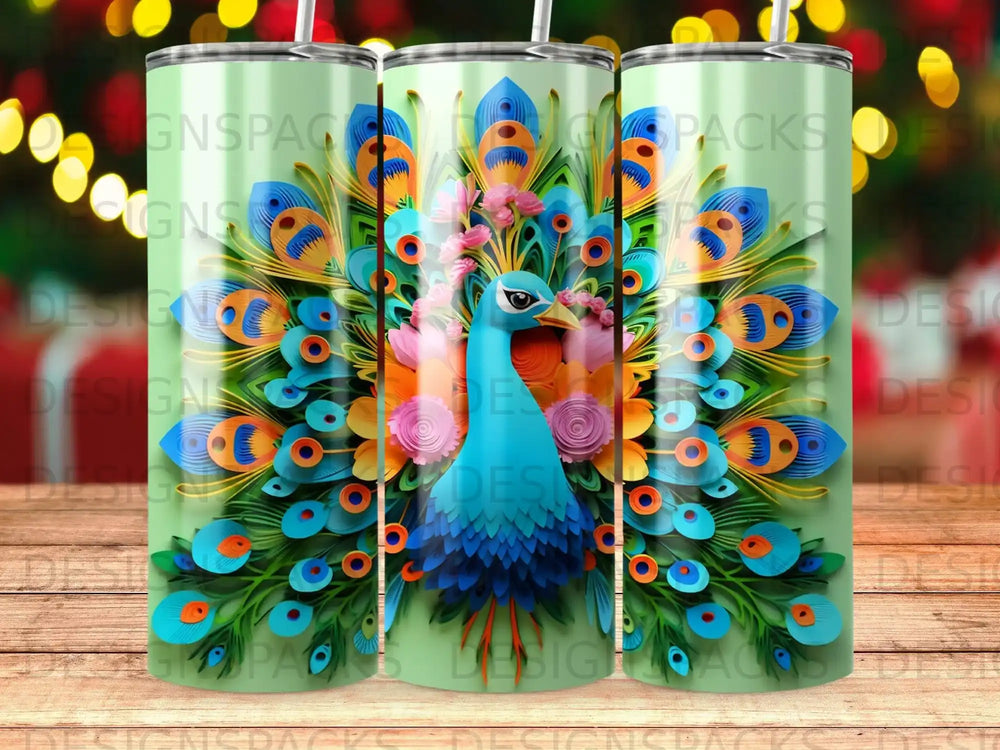 Three tumblers featuring a colorful peacock with a fan-shaped tail.