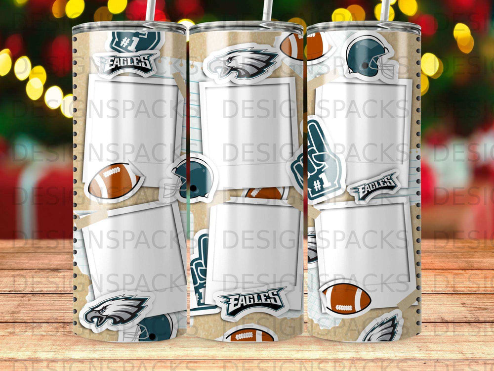Philadelphia Eagles themed tumbler with team logos and football imagery.