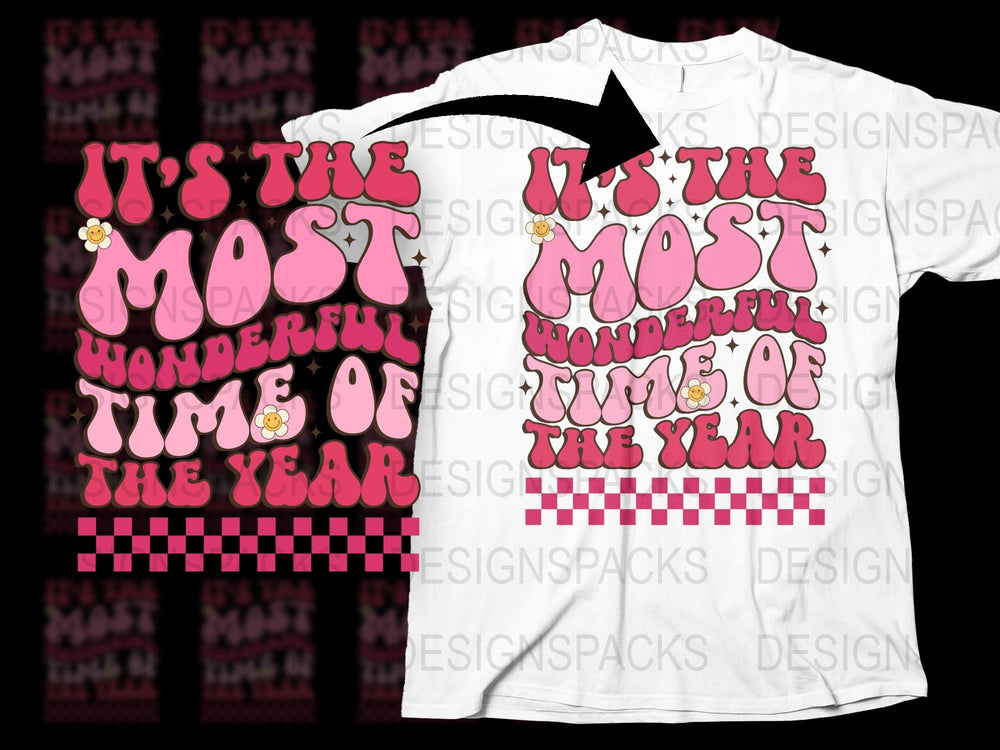 Festive Holiday T-Shirt 'It's The Most Wonderful Time of the Year' Christmas Tee, Unisex White and Pink Graphic Shirt