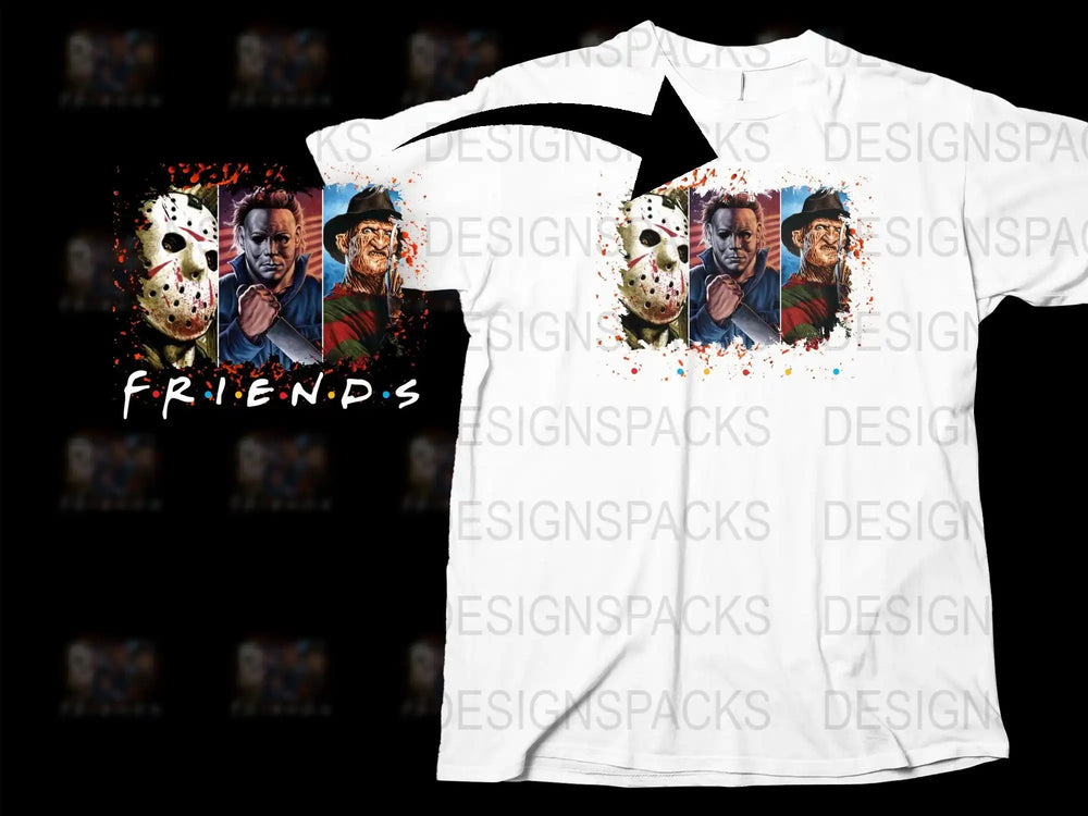 Horror Movie Icons Friends Parody T-Shirt, Funny Horror Film Characters Tee, Unisex Adult Clothing, Gift for Movie Fans
