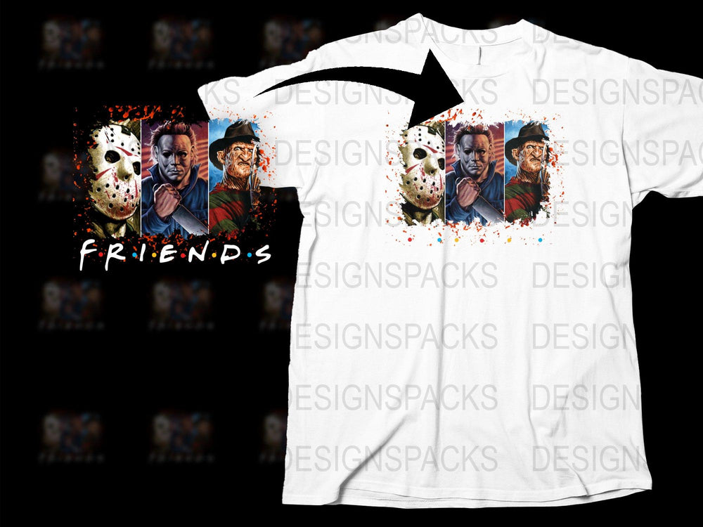Horror Movie Icons Friends Parody T-Shirt, Funny Horror Film Characters Tee, Unisex Adult Clothing, Gift for Movie Fans