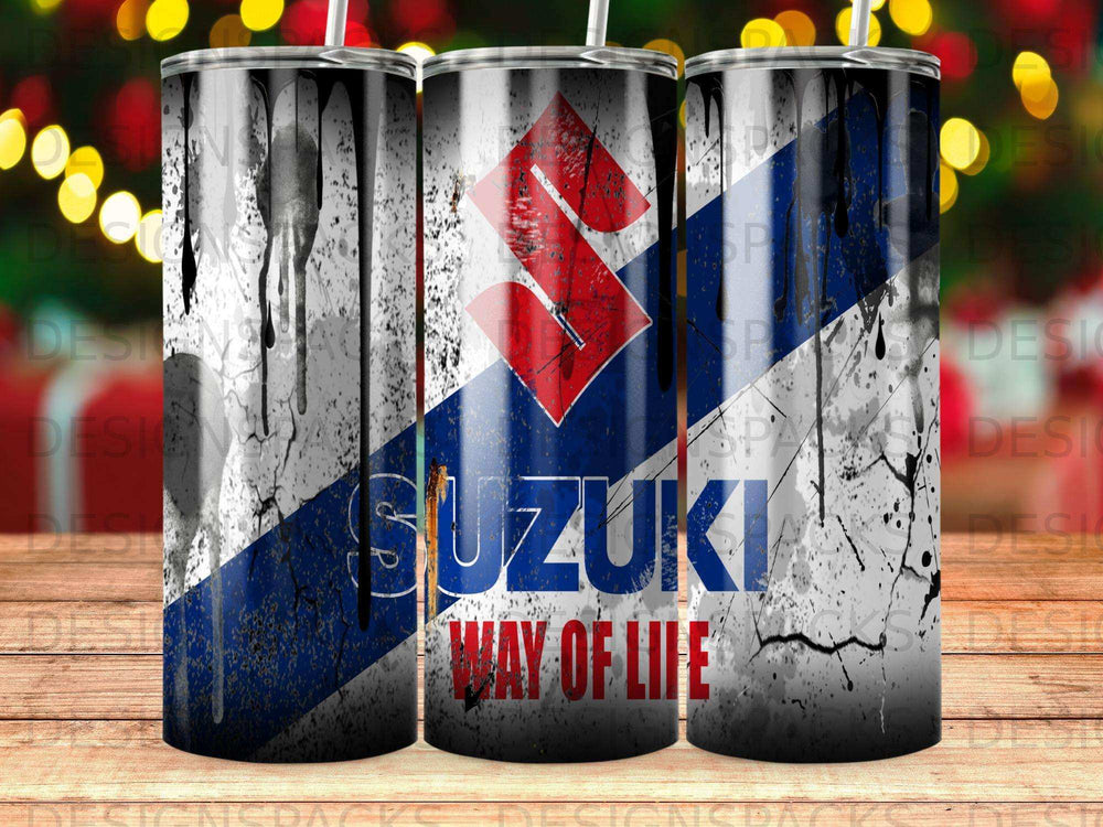 Suzuki Way of Life logo on a tumbler with black dripping paint accents.
