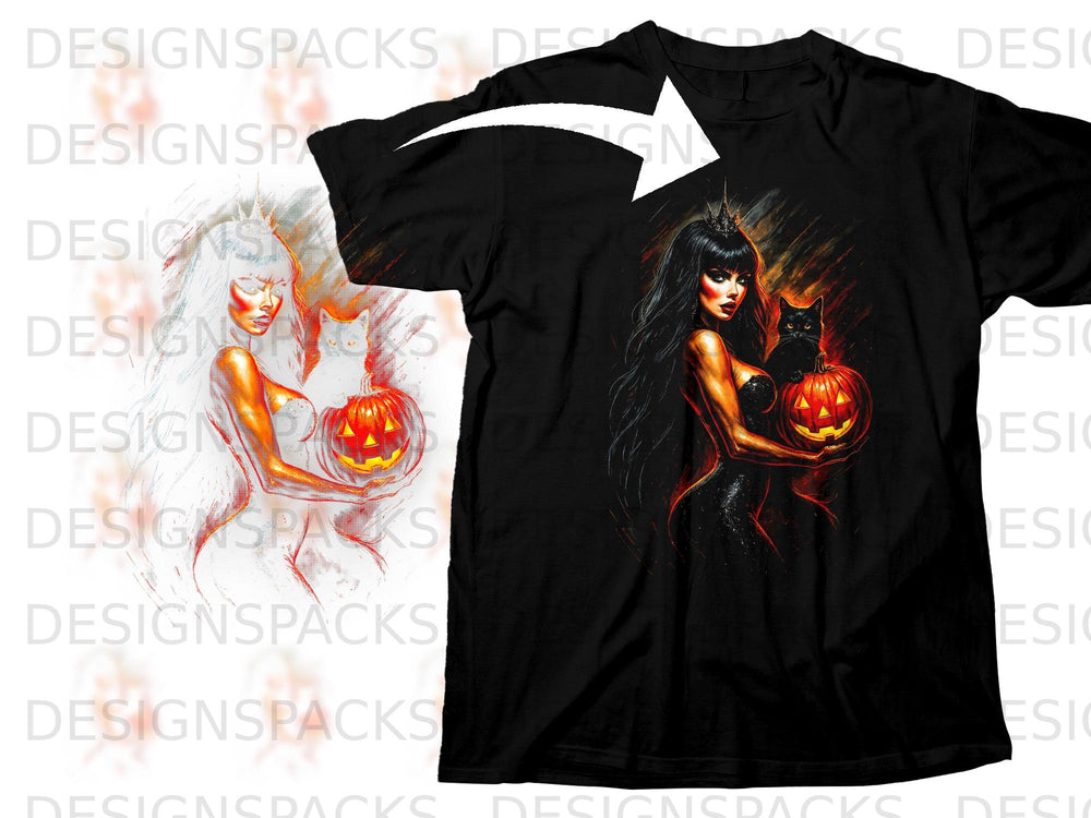 Black t-shirt with Halloween-themed graphic of a crowned woman holding a pumpkin.