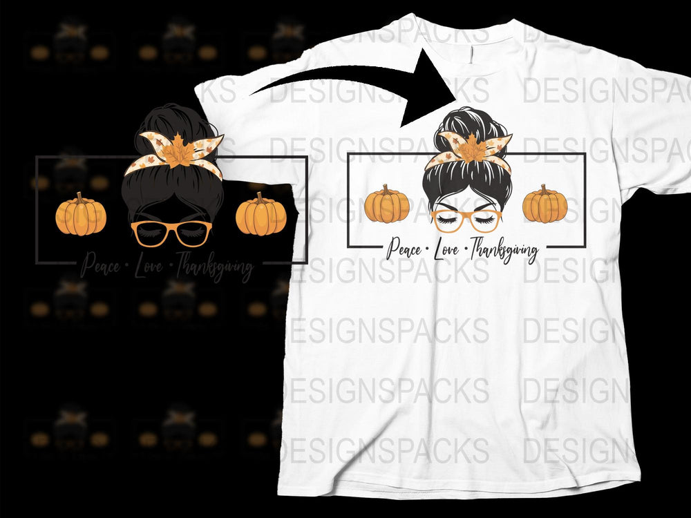 Thanksgiving T-Shirt, Peace Love Thanksgiving Quote, Fall Pumpkin Design, Women's Fashion Tee