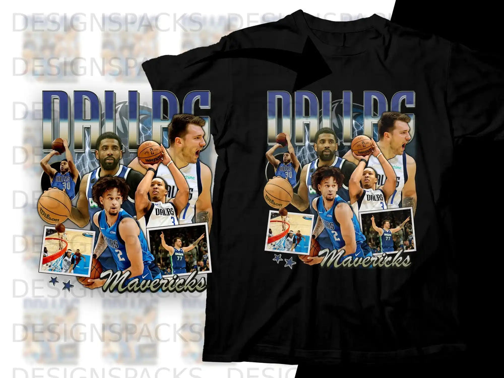 Dallas Mavericks basketball players and team logo on a black t-shirt.