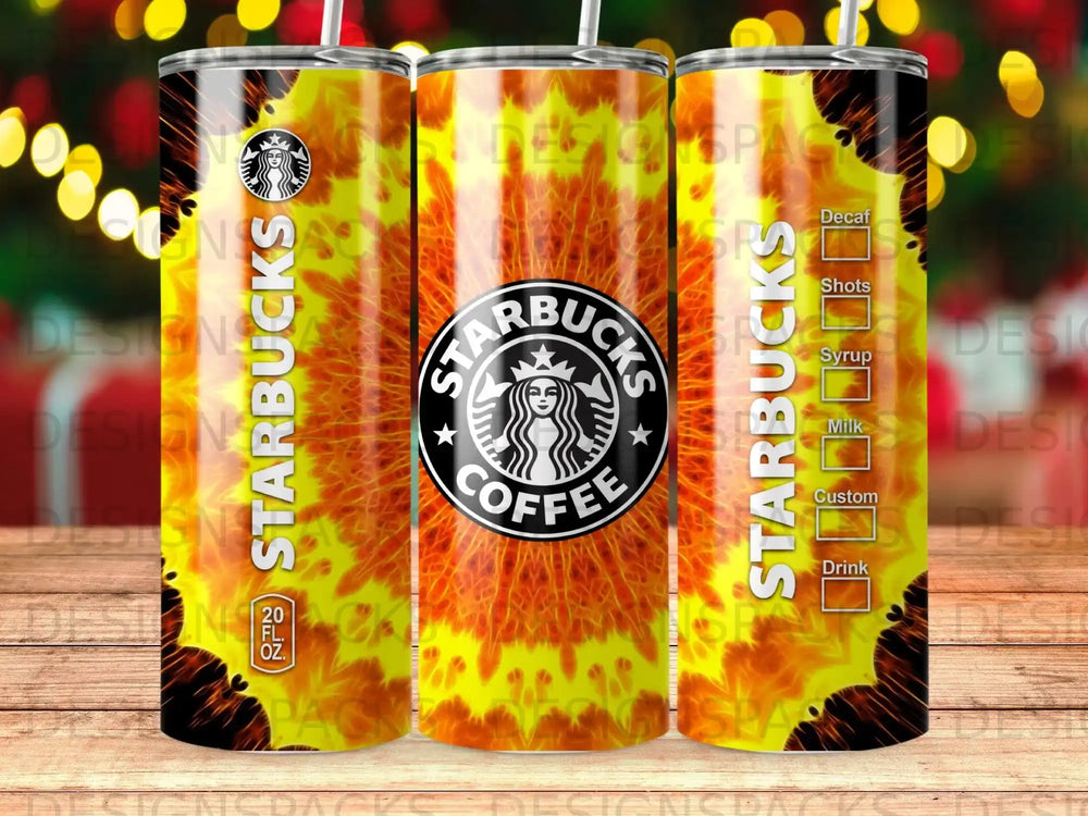 Starbucks coffee tumbler with tie-dye pattern and coffee drink options.