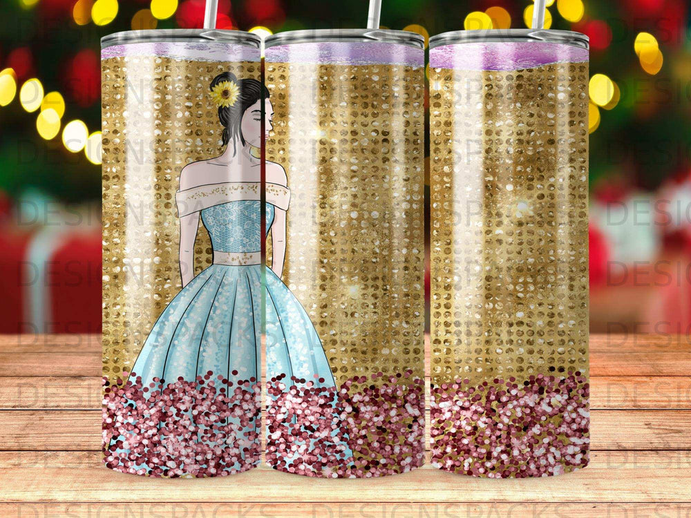 Woman in blue dress with glitter skirt on a gold sparkle background.