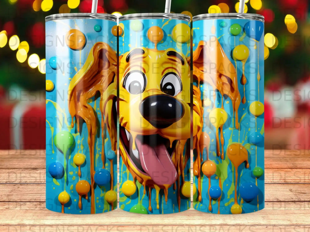 Cartoon dog character with dripping paint and colorful bubbles.