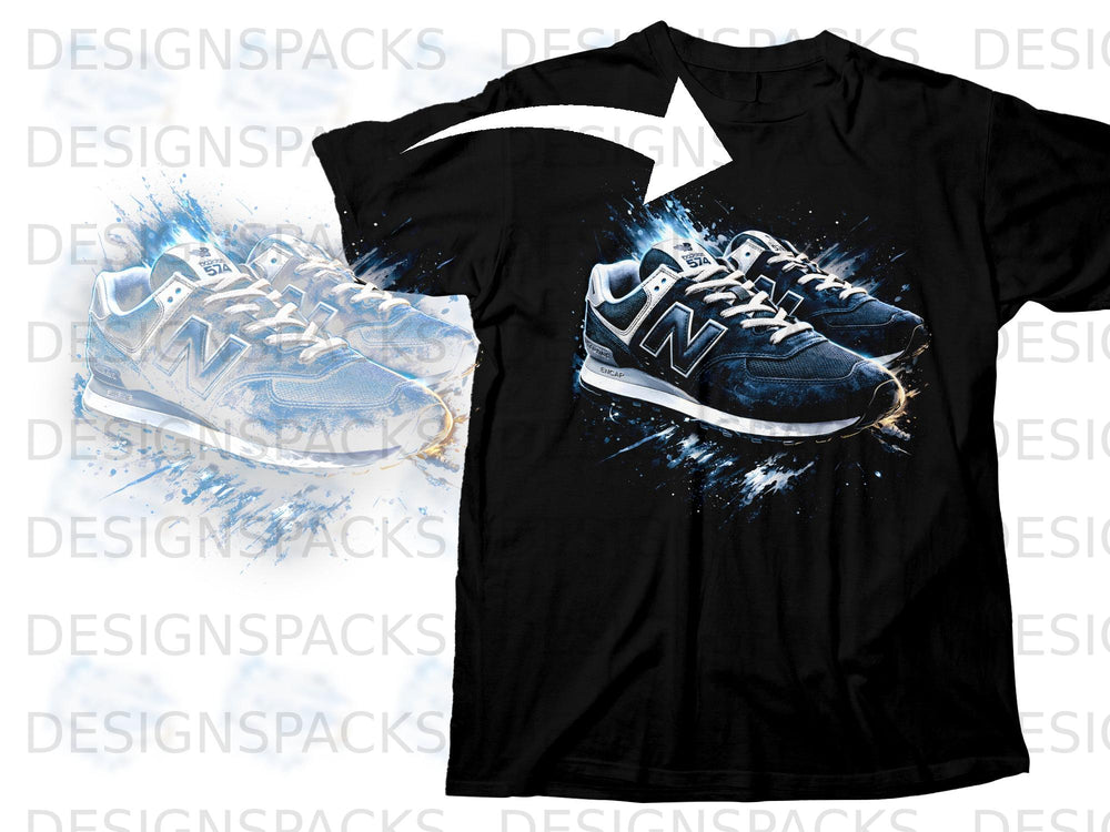 Black t-shirt with graphic of blue New Balance 574 sneakers with paint splash effect.