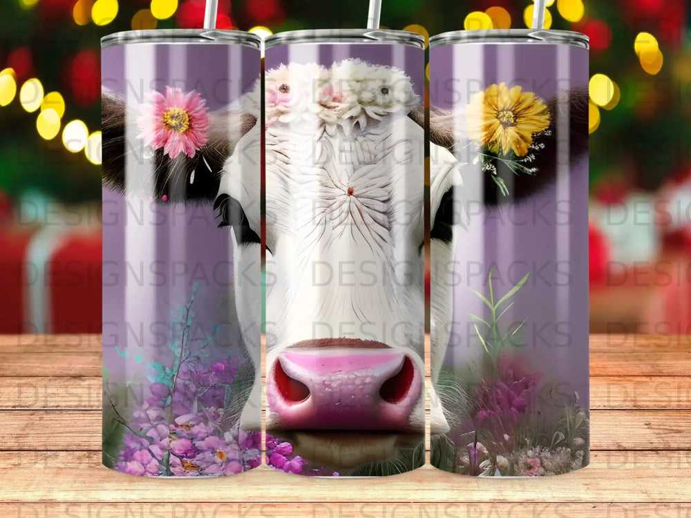 Cow's face with floral wreath, pink nose, against purple flowers.