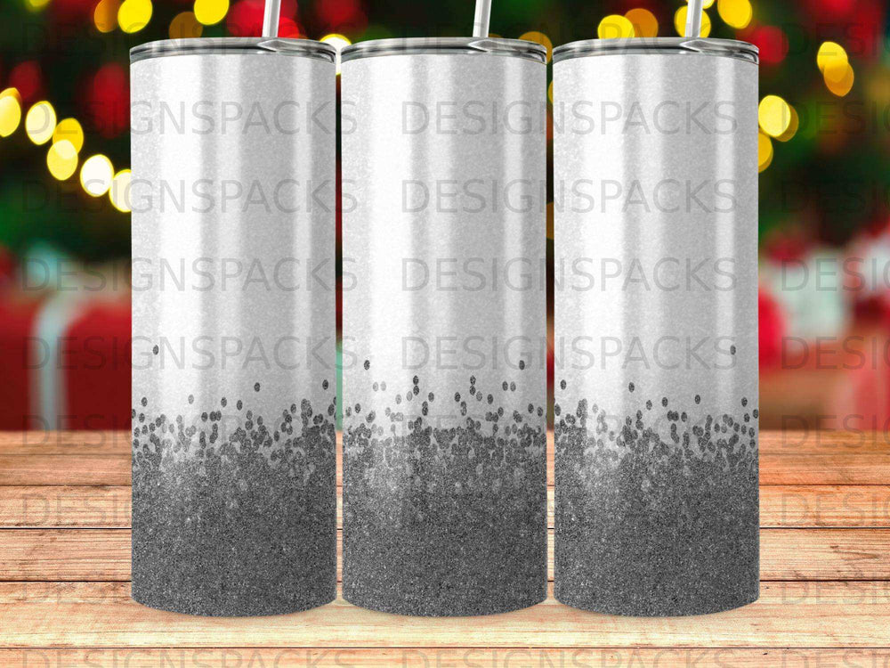 Three tumblers with glitter gradient patterns, separated by vertical lines.