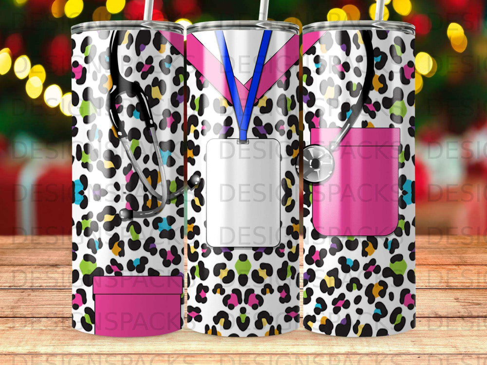 Leopard print tumbler with stethoscope, lanyard, and pocket design.