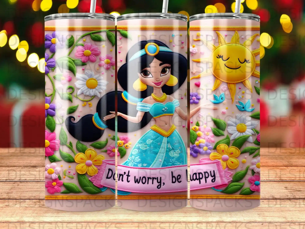 Jasmine with flowers and a sun, saying "Don't worry, be happy."