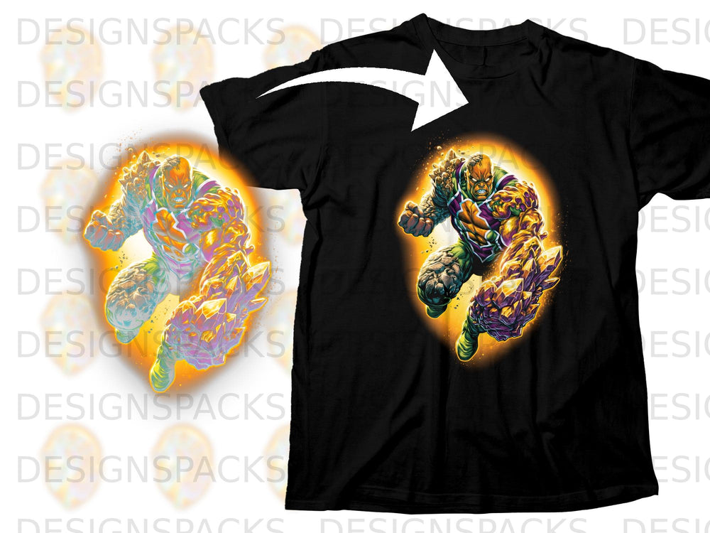 Black t-shirt featuring a comic book illustration of a muscular character with crystalline growths.