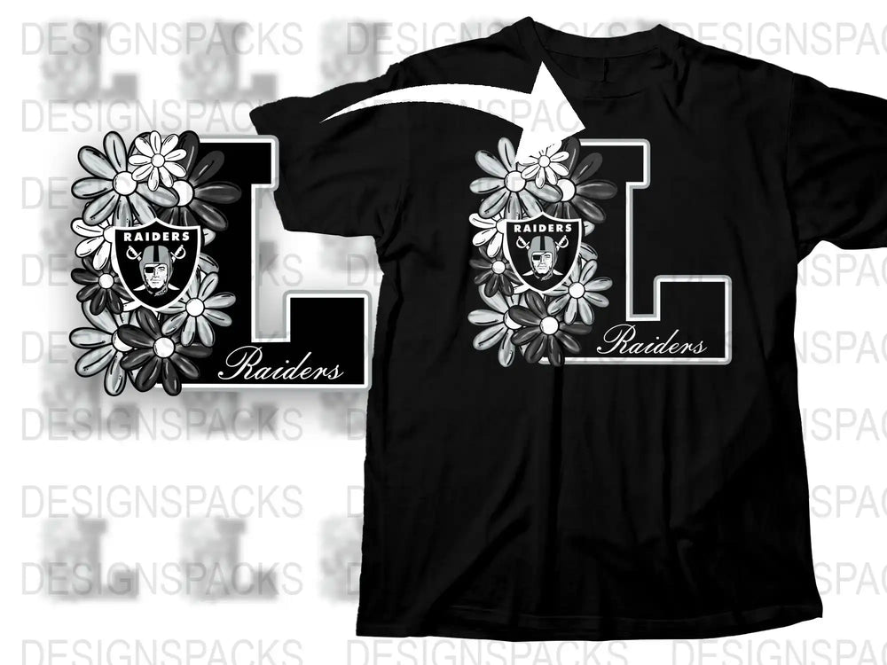 Raiders Floral Letter Graphic T-Shirt, Black and White Sports Fan Tee, Casual Streetwear Style Top