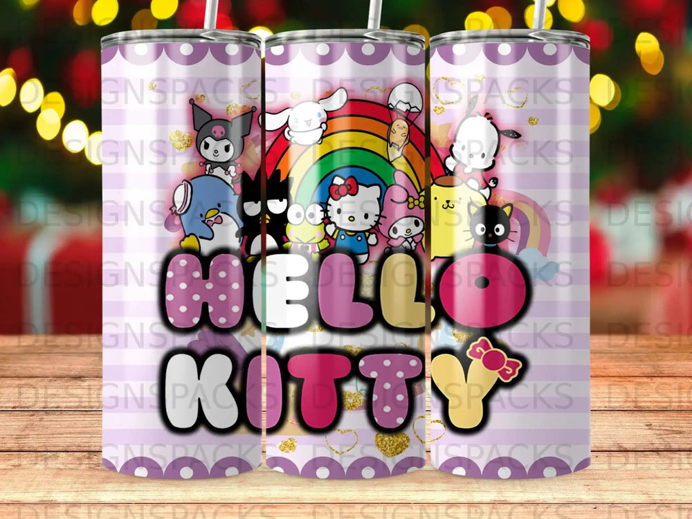 Hello Kitty and friends on a colorful rainbow background tumbler.