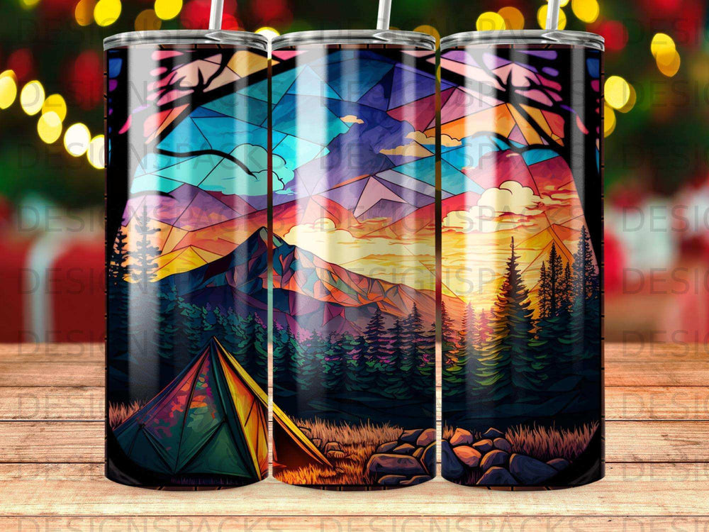 Geometric mountain sunset scene with tent and pine trees.